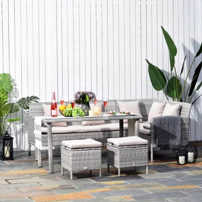 Stylish 6 Seat Garden Dining Set, Corner Sofa, Table & Stools