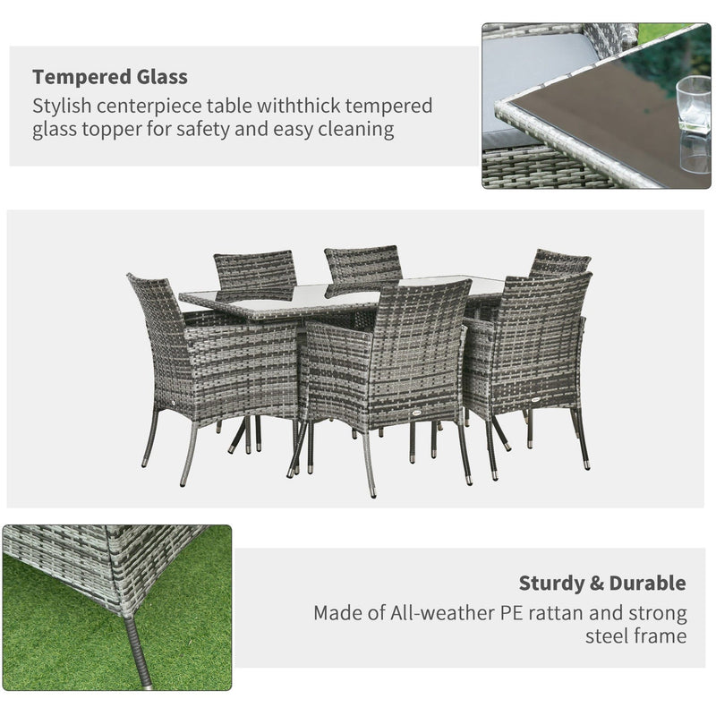 6 Seater Rattan Dining Set with Table - Grey Outsunny