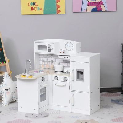 Kids Wooden Play Kitchen, Water Fountain, Microwave, White Homcom