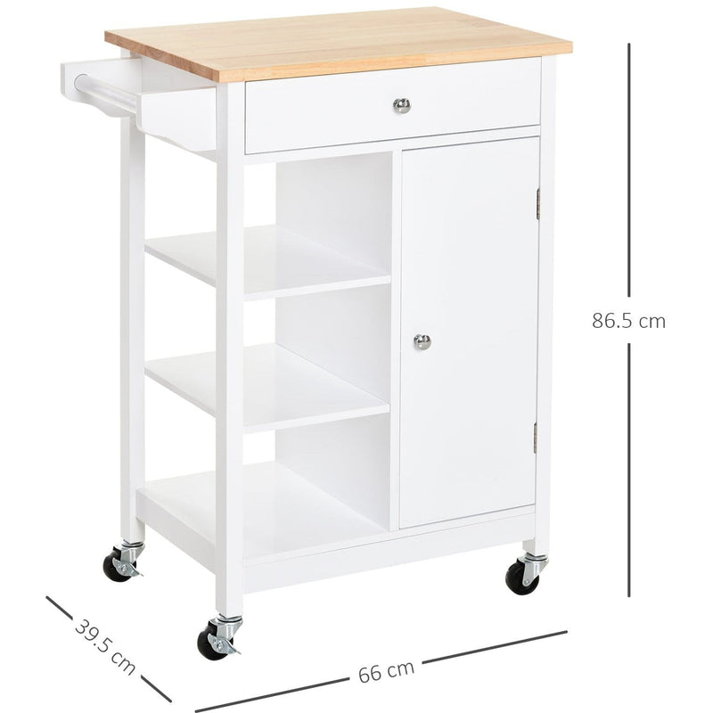 Mobile Kitchen Island, 3 Shelves, Drawer, White and Pine