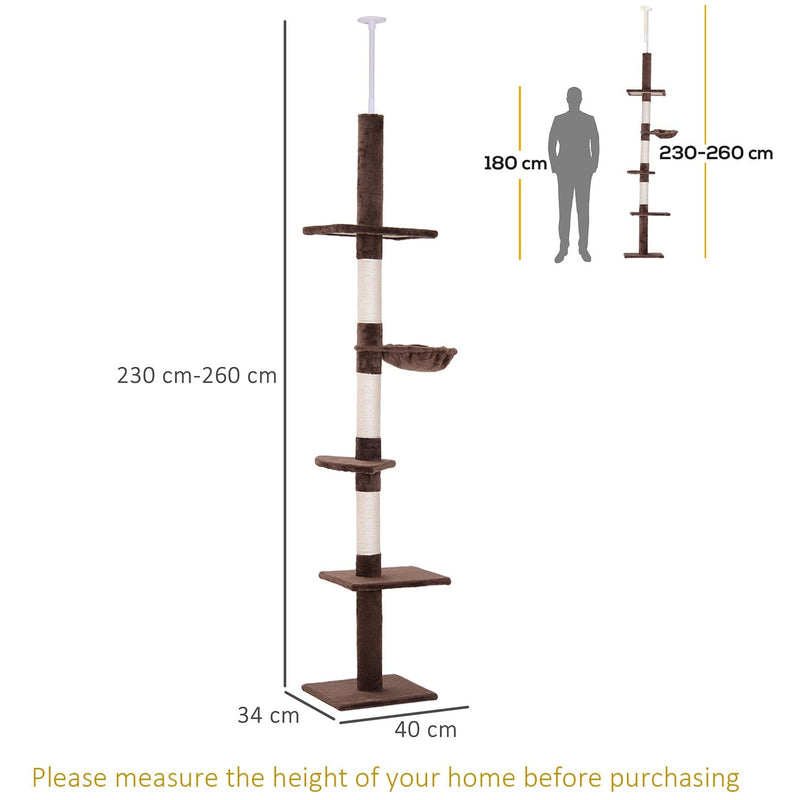 Brown Cat Tree: 5-Tier, Adjustable (230-260cm)
