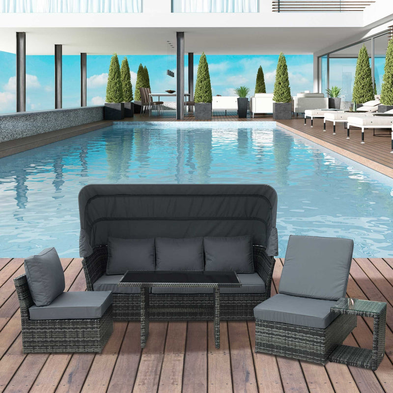 5 Seater Rattan Garden Sofa Set With Canopy, Grey