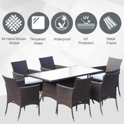 Image of brown rattan 6 seater patio table and chairs dining set with cream cushions