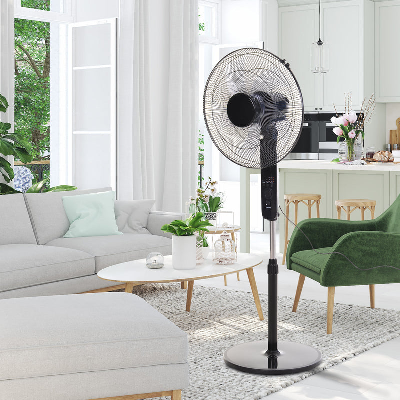 HOMCOM Oscillating Floor Fan W/ Remote Control-Standing Cooling Machine Indoor Air Refresher w/ Adjustable Height, Speed Mode, 7.5-Hour Timer Black Homcom