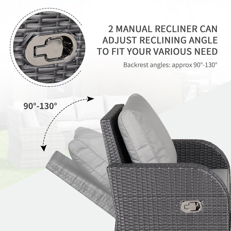 Image of an Outsunny 7 Seater Rattan Garden Furniture Set With Coffee Table Footstools and Reclining Armchairs Grey Rattan and Light Grey Cushions