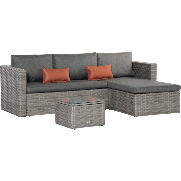 3 Piece Rattan Corner Sofa Set with Glass Table, Grey