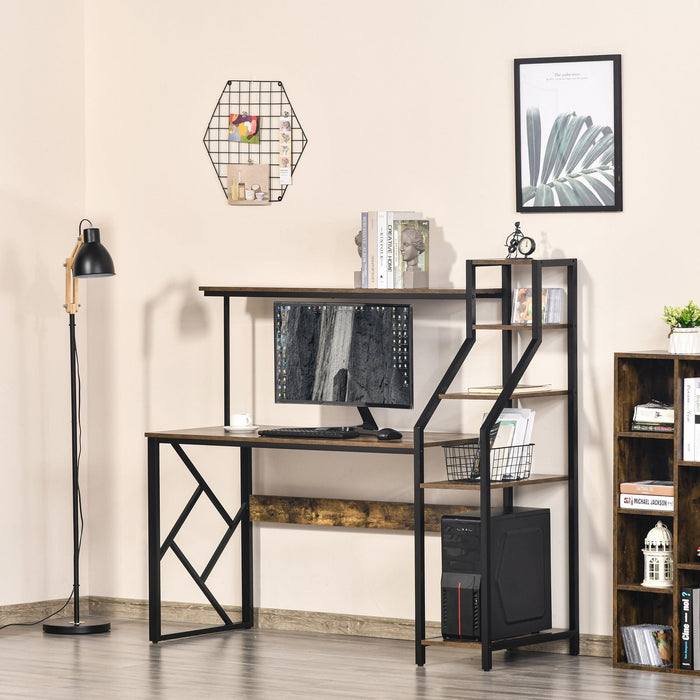 Industrial Computer Desk With Shelves, Rustic Brown