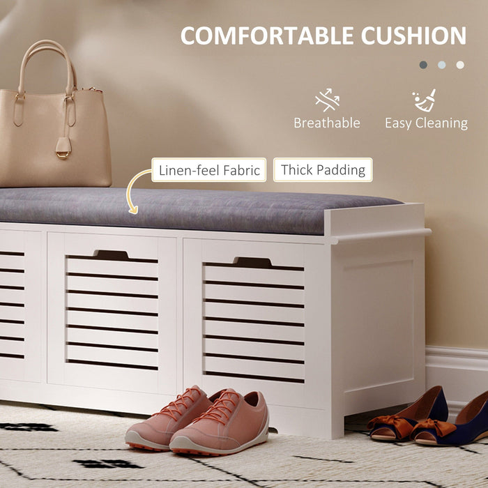 White Shoe Storage Bench, 3 Drawers, Grey Cushion