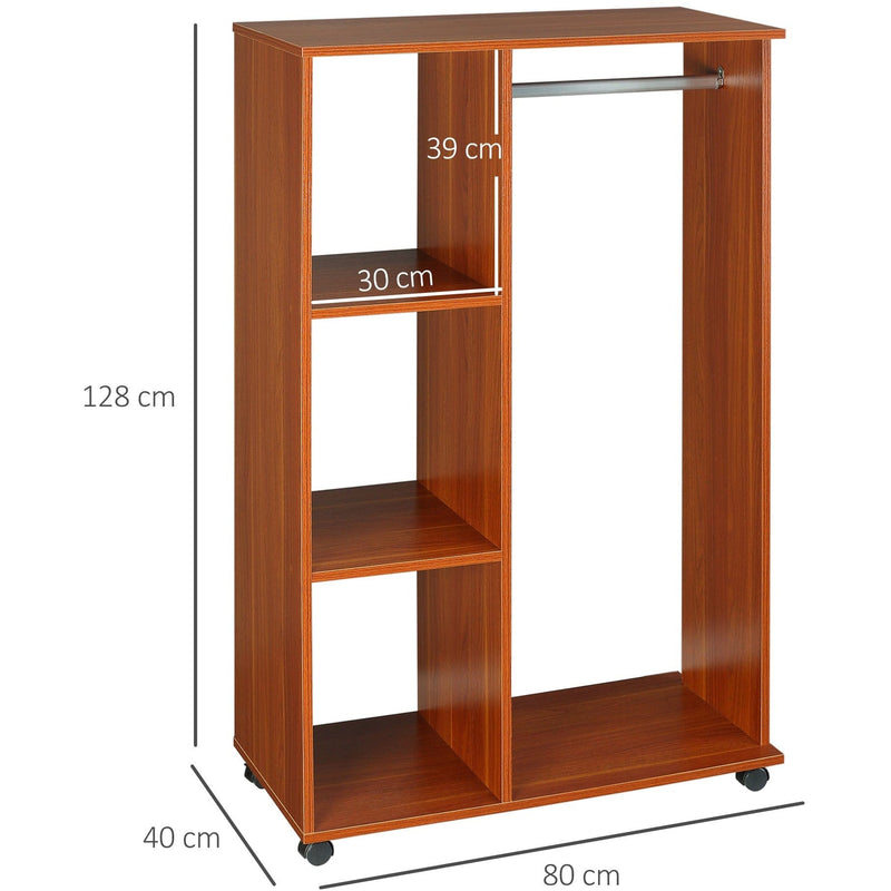 Open Wardrobe with Hanging Rail and Wheels, Walnut