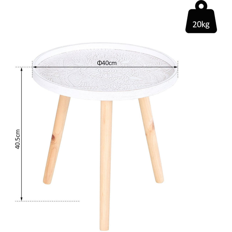 Flower Etched Side Table with Saucer Top, Wood Legs, White