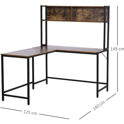 Industrial L Shaped Desk with Shelf, Brown Black Homcom