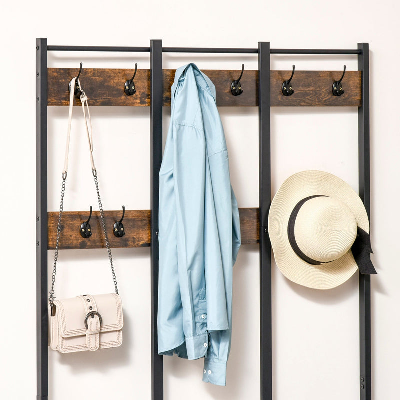 Rustic Brown Hall Tree Coat Stand, Bench, Shoe Rack