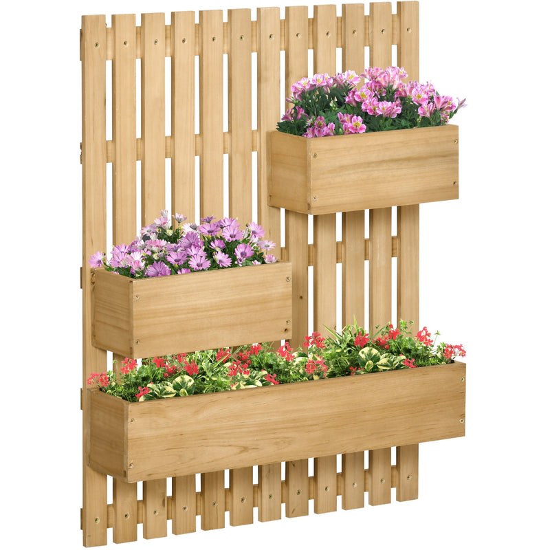 Outsunny Wall-mounted Wooden Garden Planters with Trellis, Drainage Holes and 3 Movable Planter Boxes, Wall Raised Garden Bed for Patio, Natural Outsunny