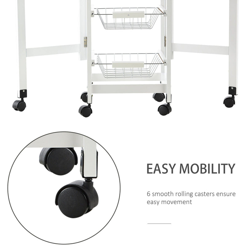 Kitchen Trolley on Wheels, Drop Leaf, 3 Baskets, White Oak