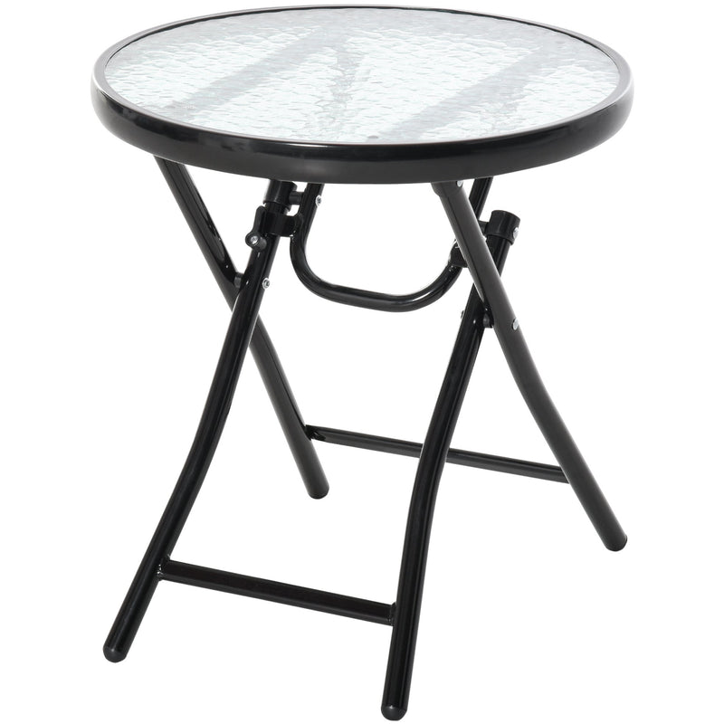 Outsunny Foldable Garden Table, Round Folding Table with Glass Tabletop and Safety Buckle for Patio, Garden, Outdoor, Indoor, Black Outsunny