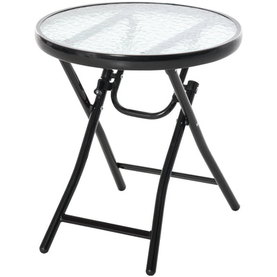 Outsunny Foldable Garden Table, Round Folding Table with Glass Tabletop and Safety Buckle for Patio, Garden, Outdoor, Indoor, Black Outsunny