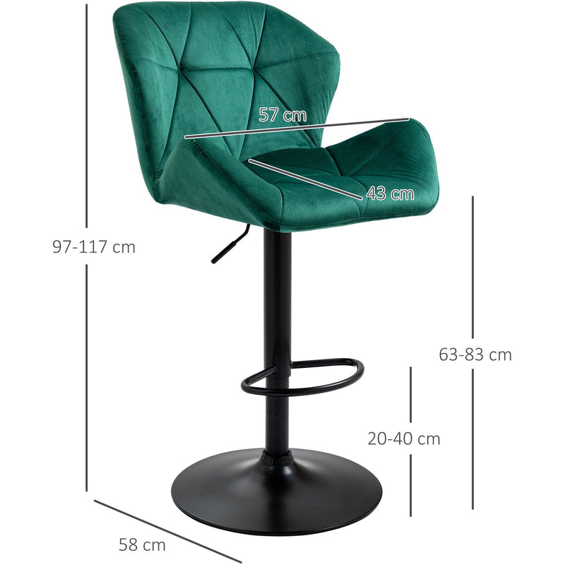 Set of 2 Kitchen Bar Stools With Backs, Green Velvet