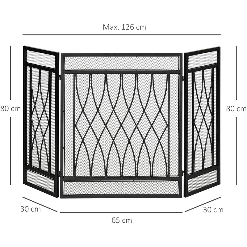 3-Panel Folding Fireplace Screen, Metal Mesh, Black