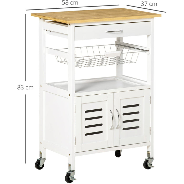 Mobile Kitchen Trolley, Bamboo Top, Storage, Basket, White