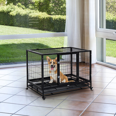38" Medium Heavy Duty Dog Kennel with Wheels, Black Pawhut