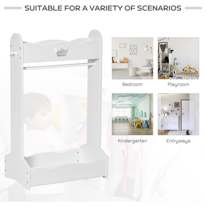 Kids White Wooden Clothes Rack with Storage for Ages 3-8