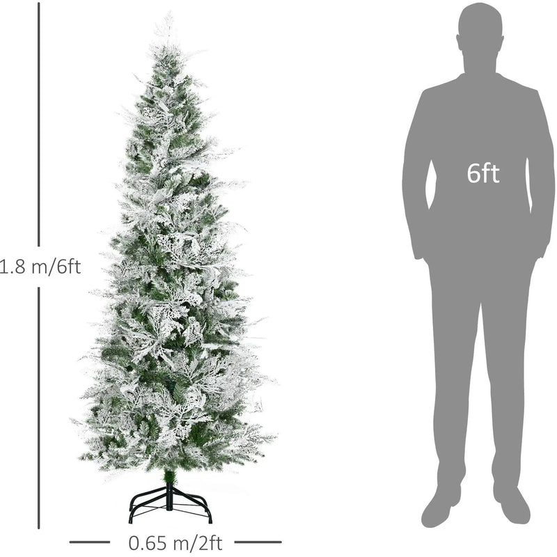 6ft Snow Flocked Artificial Pencil Christmas Tree with Realistic Cypress Branches - Green, Auto Open AOSOM