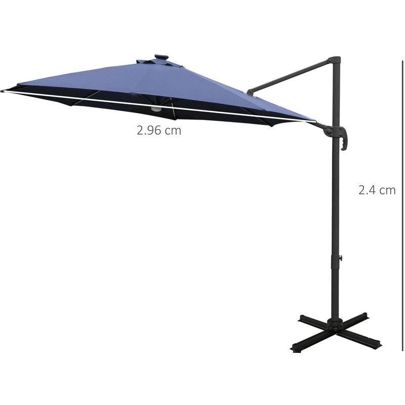 Image of a blue cantilever parasol with solar lights