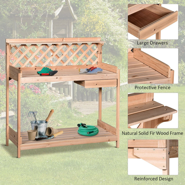 Wooden Potting Table - Drawer, Storage Shelves - Outdoor