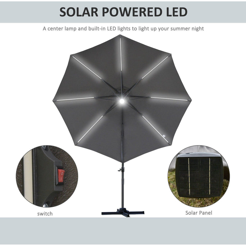 Image of a grey cantilever parasol with solar lights