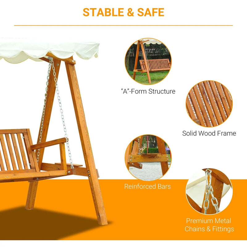 3 Seater Wooden Garden Swing, Cream White Outsunny