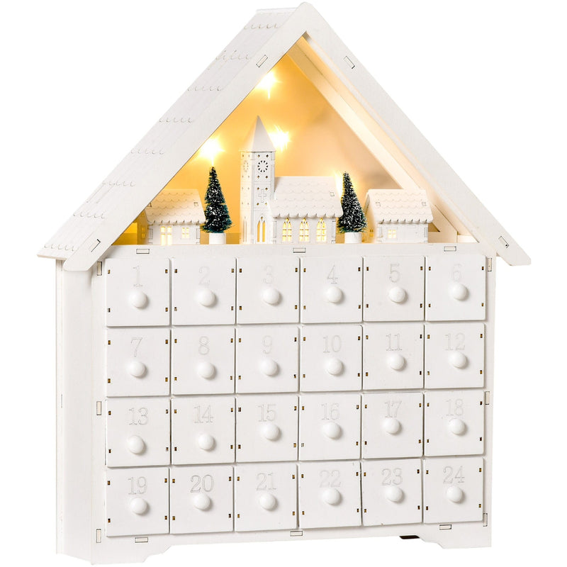 Christmas Advent Calendar, Light Up Table Xmas Wooden House Holiday Decoration with Countdown Drawer, Village, for kids Adults, White