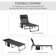 Outsunny Portable Sun Lounger, Folding Camping Bed Cot, Reclining Lounge Chair 5-position Adjustable Backrest w/Side Pocket for Patio Garden Black Outsunny