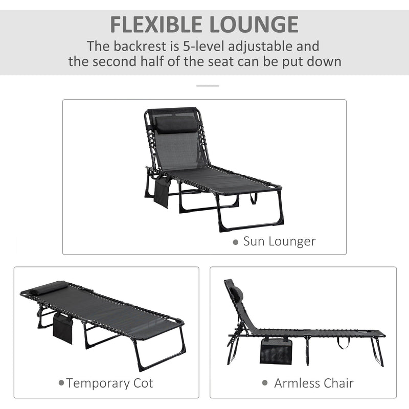 Outsunny Portable Sun Lounger, Folding Camping Bed Cot, Reclining Lounge Chair 5-position Adjustable Backrest w/Side Pocket for Patio Garden Black Outsunny