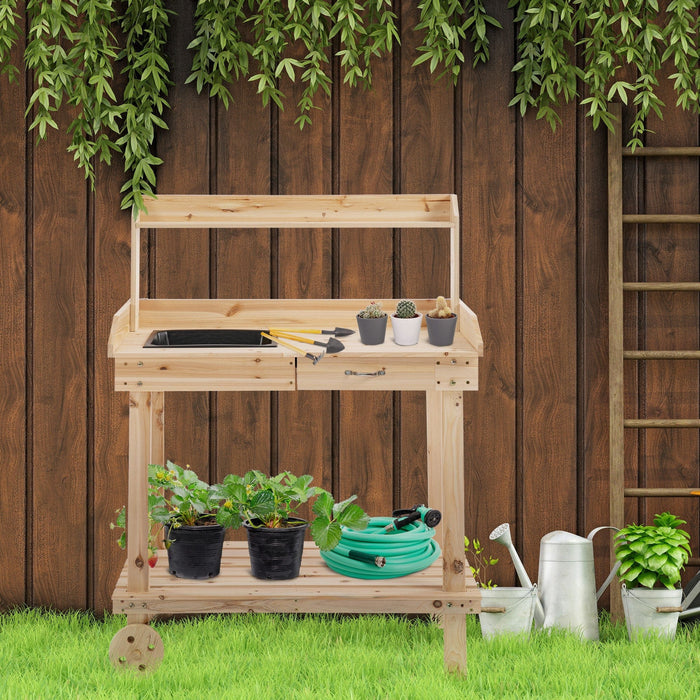 Wooden Potting Bench, Wheels, Sink, Drawer