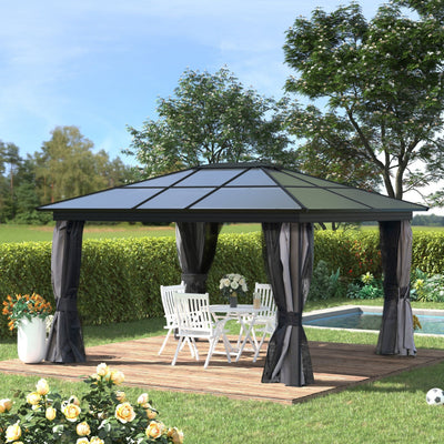 Hard Roof Gazebo with Polycarbonate Roof & Mesh Curtains, 4×3.6m Outsunny