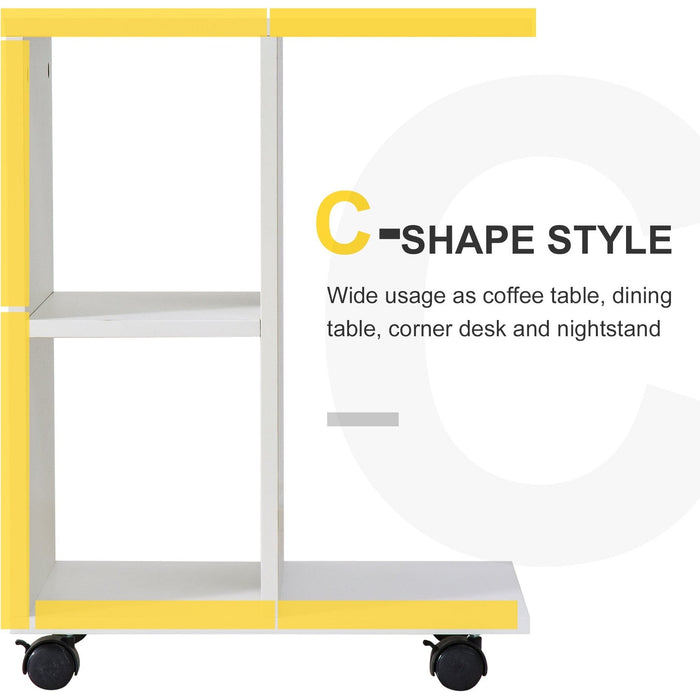 C Shape End Table with Shelves, 4 Wheels, Home Office