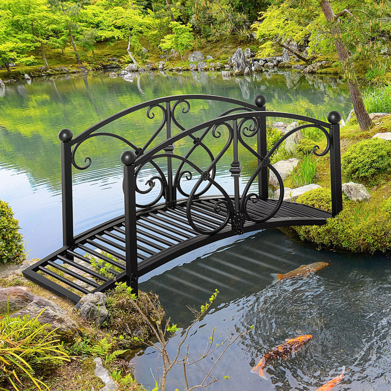 Outsunny 102L x 48W x 49H Classic Metal Garden Bridge with Safety Railings Arc Footbridge Decorative Pond  for Backyard Creek Stream, Black Outsunny