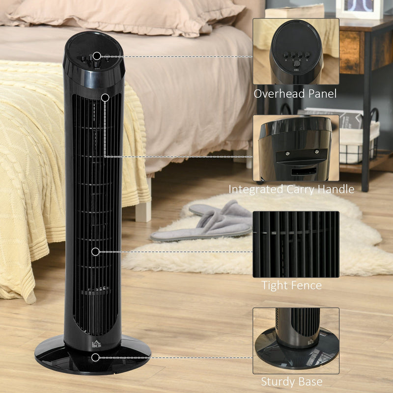 Black 30" Oscillating Tower Fan: 3 Speeds, Ultra Slim Homcom