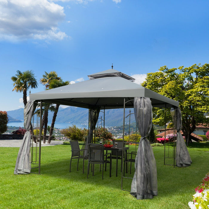 Gazebo With Curtains, Double Top Canopy, 3x3m, Grey