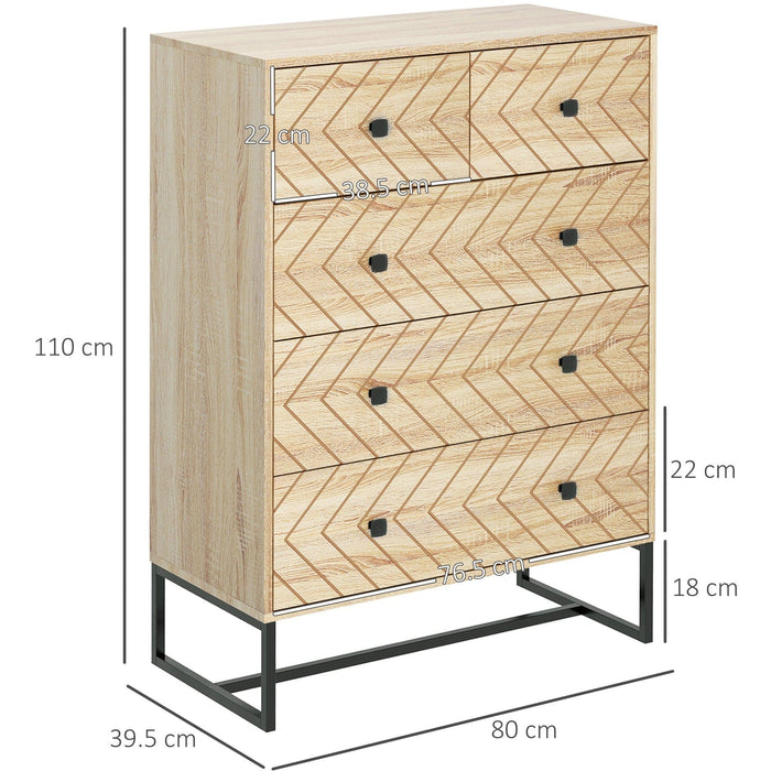 Unique 5 Drawer Chest, Zig Zag Design, Black Metal Handles