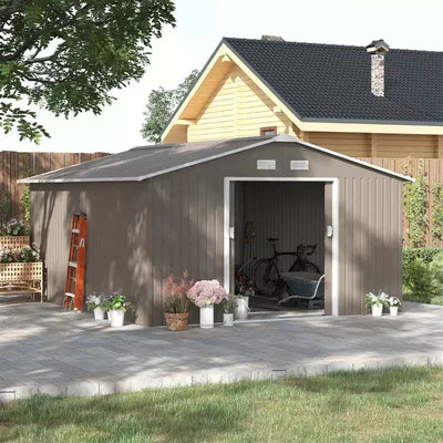 Outsunny 13x11ft light grey metal garden shed beside a house with a bike stored inside