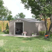 Light grey 13x11ft metal shed on a lawn with the sliding doors open and a mower outside