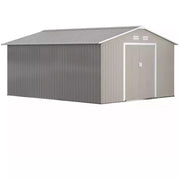 Studio shot of the light grey apex roof shed with both sliding doors closed