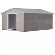Light grey shed from the opposite side with one door slid open showing the base frame