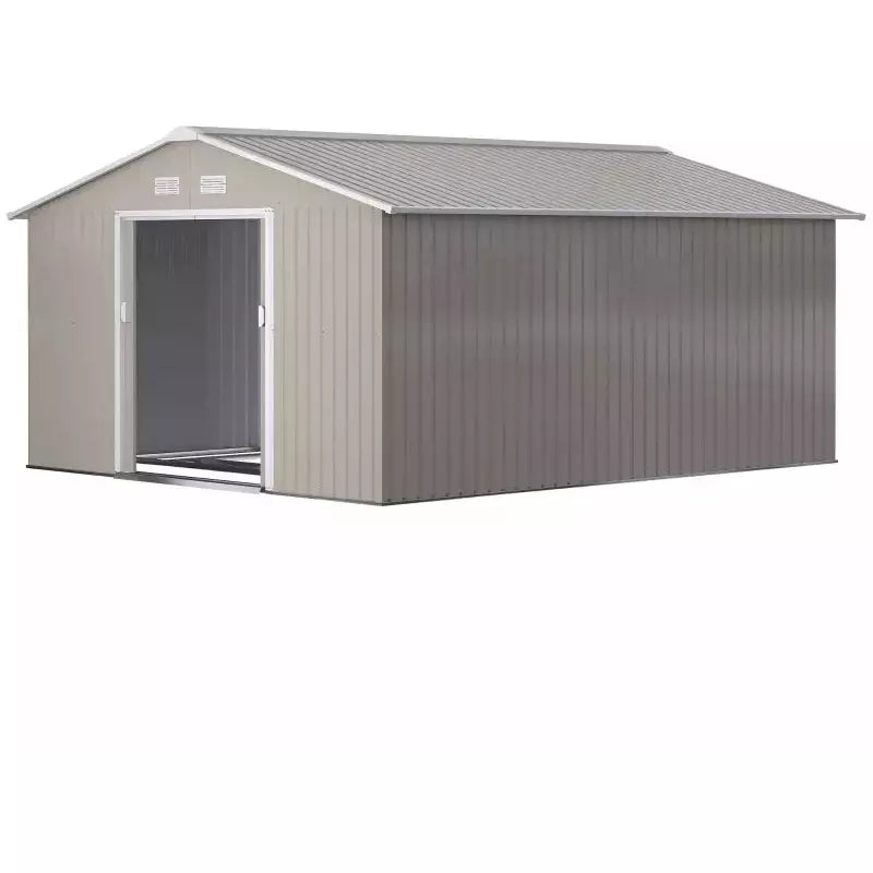 Light grey shed from the opposite side with one door slid open showing the base frame