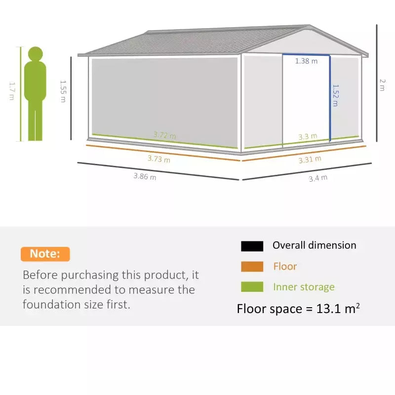 Dimension diagram showing 386 x 340 cm, 200 cm to the ridge and 13.1 square metre footprint