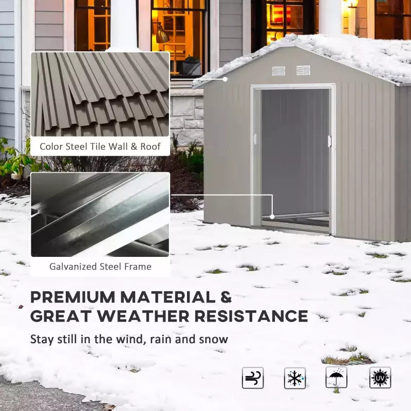 Light grey shed standing in snow with coated steel wall and galvanised frame close-ups