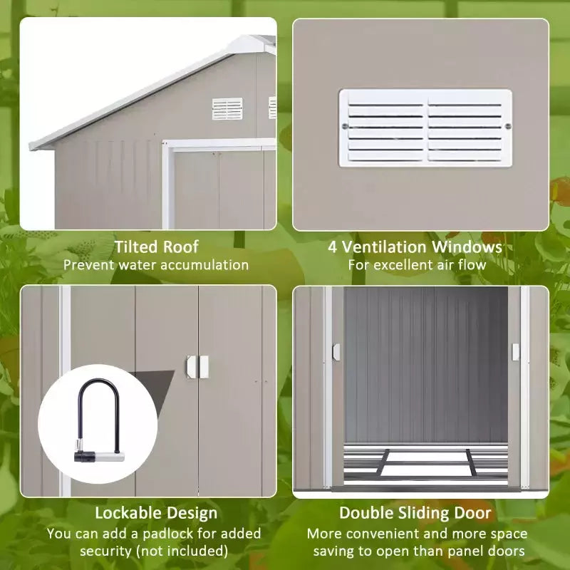Feature panel showing the sloped roof, four vents, padlock hasp and double sliding doors