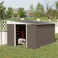 Outsunny 11x9ft grey metal pent roof shed in a garden with the sliding doors open