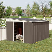 Outsunny 11x9ft grey metal pent roof shed in a garden with the sliding doors open